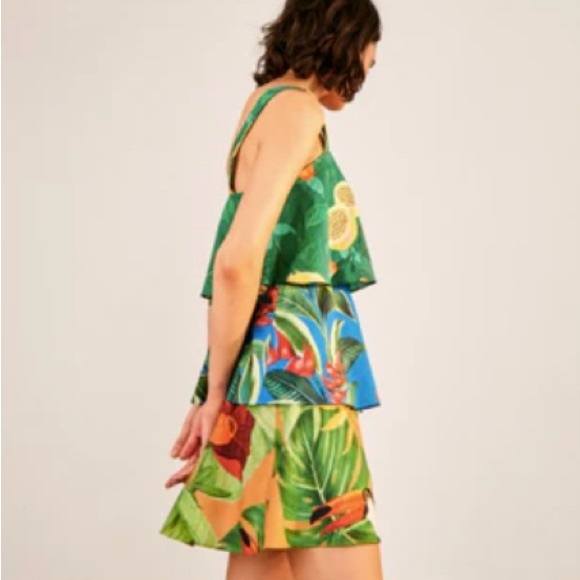 FARM Rio Mixed Prints Layered Mini Dress Ruffles Floral Tropical Green Size XL - Picture 4 of 16
